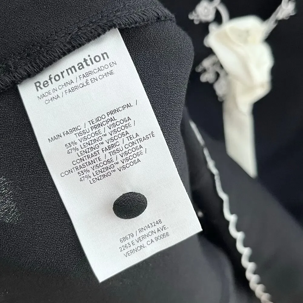 Reformation Vivia Embroidered Scallop Top Black Long Sleeve Tie Front